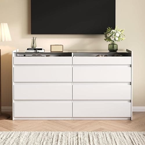 ZORPLIX White 8 Drawer Dresser for Bedroom, Modern Chest of Drawers, Jewelry Dresser Display with Glass Top and LED Light, Dressers Organizer for Bedroom, Closet, Living Room thumbnail 4