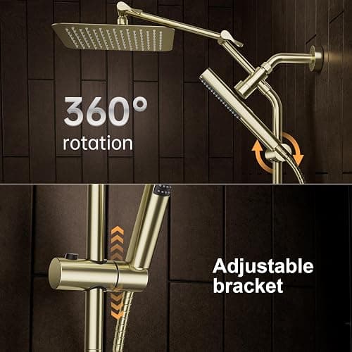 Veken All Metal 10" Shower Head with Handheld, Luxurious Square Double Rain Shower Heads with Spray Combo, Dual High Pressure Detachable Rainfall Showerhead with Extension Arm, Long Hose,Brushed Gold thumbnail 7
