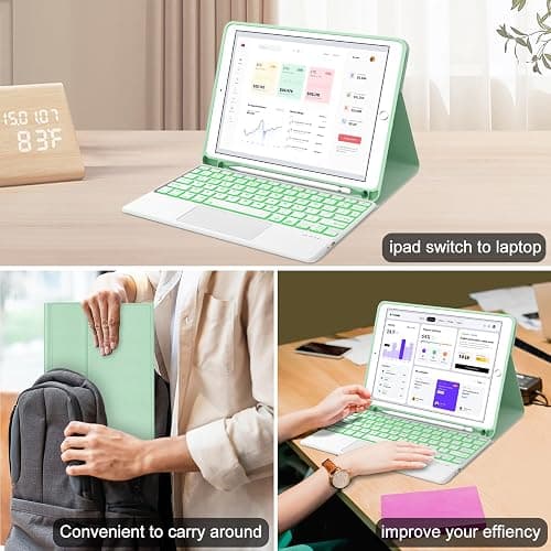 for iPad Keyboard case 9.7 inch, iPad 6th Gen (2018), iPad 5th Gen (2017), iPad Air 2 (2014), Multi-Touch Trackpad, Detachable Backlit Folio Keyboard Slim Cover with Pencil Holder，Green thumbnail 7