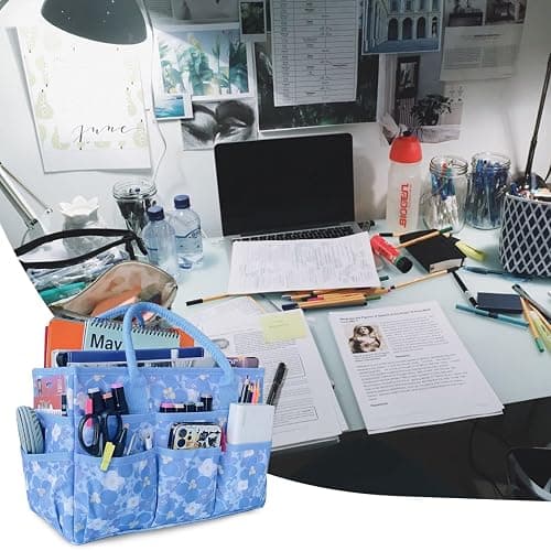 Cupohus Craft Organizer Tote Bag – Art Organizer, Craft Caddy with Multiple Pockets, Large Capacity Supply Storage Bag for Sewing, Knitting, Painting, and Travel（Blue Print） thumbnail 2
