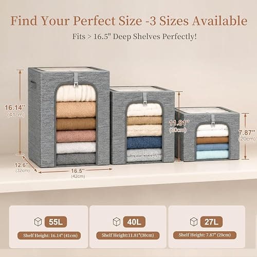GoMaihe Clothes Storage Bins with Metal Frame for Closet, 40L 6-Pack Grey | Sweaters Hoodies Jeans T-Shirt, Closet Top Shelf Organizer, Steel Frame Collapse-Proof, Stackable, Clear Window, Dual Access thumbnail 4