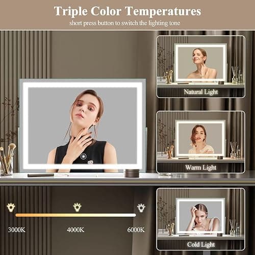 Gvnkvn Ligheted Vanity Mirror with Lights, 14" x 10" LED Makeup Mirror, 3 Modes Light, Smart Touch Control Dimmable, 360°Rotation, Rectangle White Frame thumbnail 6
