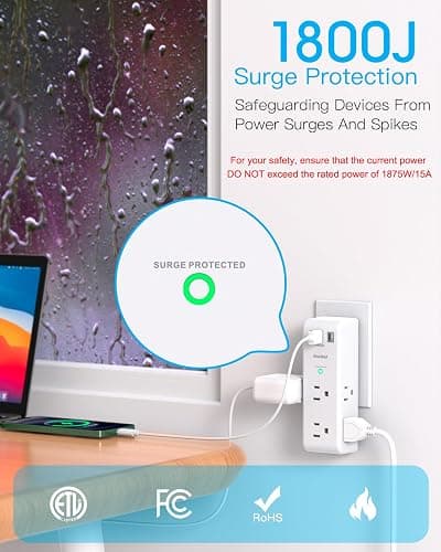 Surge Protector Outlet Extender - with Rotating Plug, 6 AC Multi Plug Outlet with 3 USB Ports (1 USB C), 1800J Wall Charger, 3-Sided Power Strip with Spaced Outlet Splitter for Home, Office, Travel thumbnail 6
