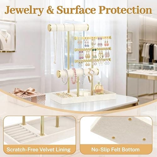 MODOWEY Necklace Holder Earring Stand Organizer, Wooden Velvet Bracelet Tree Rack with Ring Tray for Vendor Women Display Selling, Countertop T Bar Jewelry Tower Keep Everything Visible & Within Reach thumbnail 6