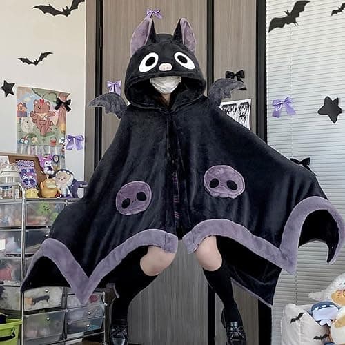 Cute Halloween Wearable Blanket Hoodie Free Size for Adults Devil Bat Hooded Blanket Oversized Soft Sherpa Hoodie Women Throw Cloak Wrap with Demon Wings for Men Child Student,A thumbnail 6