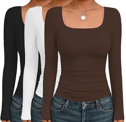 Ekouaer Womens 3 Pack Long Sleeve Shirts Square Neck Basic Tops Fitted Tee Thermal Undershirts XS-XXL - Image 1