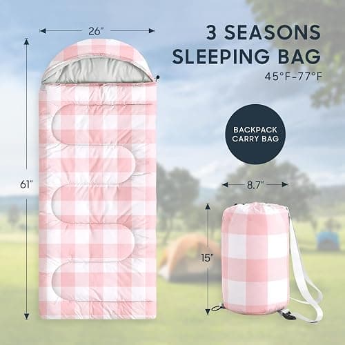 Wake In Cloud - Kids Sleeping Bag for Boys Girls Toddlers, Camping in Warm Cold Weather, Backpacking Lightweight Compact Outdoor Liner for 3 Seasons, Gingham Plaid thumbnail 2