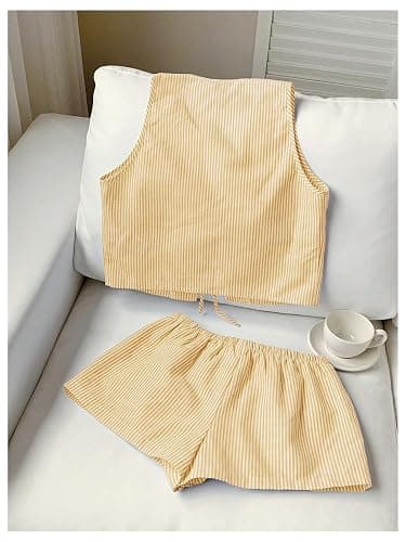 SweatyRocks Women's 2 Piece Summer Outfits Striped Tie Front Bow Sleeveless Top and Shorts Set thumbnail 2