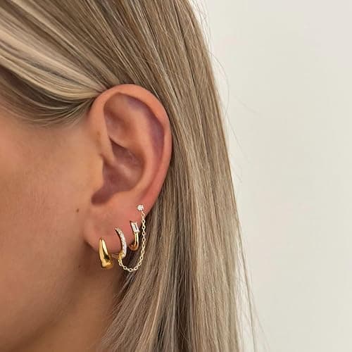 Gold Earrings Set for Women, 14k Gold Plated Dangle Huggie Earrings Sets for Multiple Piercing, Hypoallergenic Stackable Small Gold Chain Hoop Earrings for Women Jewelry thumbnail 3
