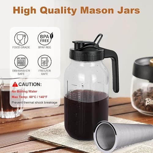 QHH Cold Brew Coffee Maker, 64 oz Mason Jar Pitcher with Stainless Steel Filter, Pour Spout Handle Lid, Airtight & Leak-Proof for Iced Coffee,Tea & Lemonade thumbnail 3