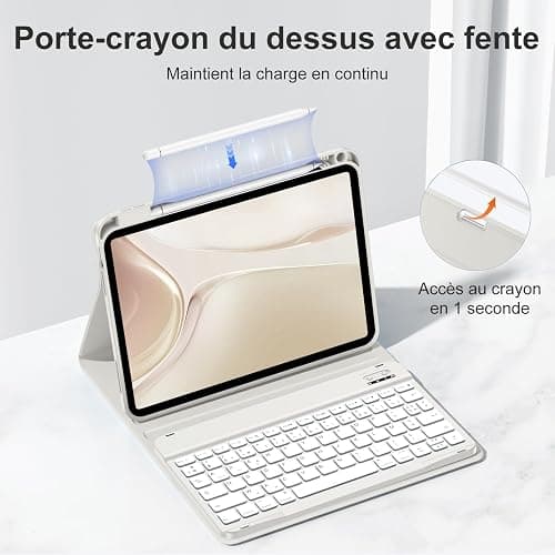 drivego Coque Clavier pour iPad A16 11/10 Ème Generation (11 Pouces 2025/10.9 Pouces 2022), Étui Keyboard à Touches Anti-Arrachage avec Porte Crayon, AZERTY Layout pour iPad 10eme/11eme, Gris Clair thumbnail 6