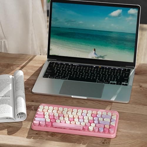 UBOTIE Portable Bluetooth Colorful Keyboards (Pink-Colorful) | Computer Wireless Mini Compact Retro Typewriter Flexible 84Keys Design Keyboard for PC Tablet thumbnail 6