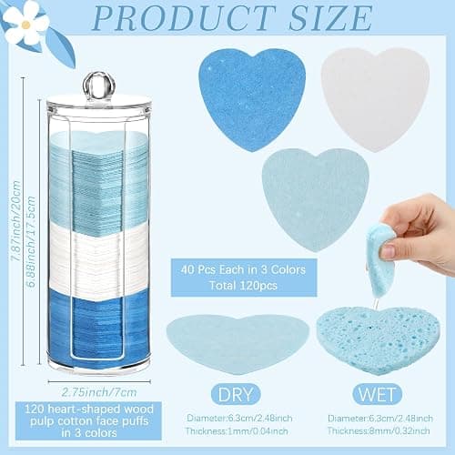 Sieral 120 Pcs Compressed Facial Sponges for Women with Container Disposable Face Sponge Pads for Washing Face Cleansing Exfoliating Esthetician Makeup Removal(Heart,Blue, Light Blue, White) thumbnail 2
