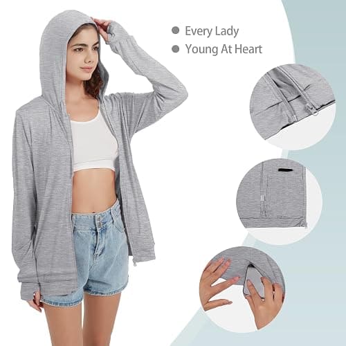 QBK Light Weight Zip Up Hoodie Thin Summer Jacket For Women - Light Grey - Small thumbnail 5
