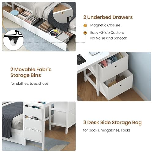 Hasuit Twin Corner Bed with Desk and Storage Bookcase, Daybed with 2 Drawers & 2 Storage Bins, Twin Size Platform Bed Frame with Charging Station and LED Light, Modern Teenagers Bedframe, White thumbnail 7