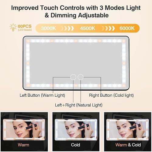 Car Sun Visor Vanity Mirror with Protective Cover, LED Makeup Mirror with 3 Light Modes, Dual Rechargeable Dimmable Touch Control Travel Vanity Mirrors, Universal for Car SUV Truck thumbnail 4
