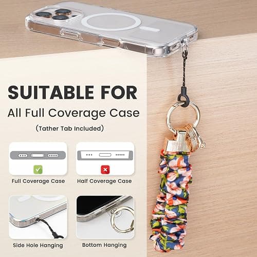 Scrunchie Keychain Wristlet, Key Chain for Car Keys with D Ring, Stretchy Phone Charms with Tether Tab for Women. thumbnail 3