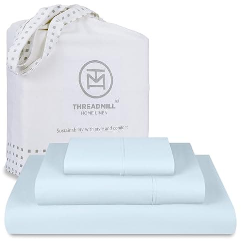 Threadmill 100% Cotton Sheets for Twin XL Size Bed - 600 Thread Count Twin XL Bed Sheets Set with 15” Deep Pocket - Sateen Weave 3-Piece Bedding Set with Cooling Effect, Blue - Light Blue Solid - Twin XL - Image 1