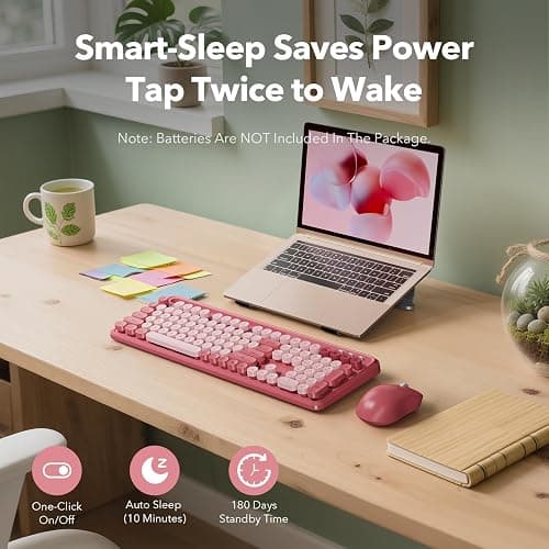 Wireless Keyboard and Mouse Combo with Phone/Tablet Holder, Cute Full-Size Typewriter-Style Keyboard, Retro Round Keycaps, 3-Level DPI Mouse, 2.4GHz Cordless Connection for Windows/PC/Laptop (Pink) thumbnail 5