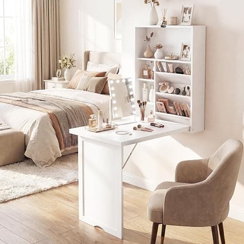 Tangkula Folding Wall Mounted Desk, Convertible Fold Out Floating Table with Storage Shelves, Space-Saving Drop Leaf Table, Murphy Desk for Craft, Study, Small Spaces, Home Office, Dorm, White thumbnail 2