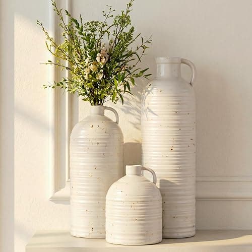 Firehold Ceramic Vase Set of 3, Rustic Home Decor Vases for Modern Farmhouse, White Boho Flower Vases for Shelf, Mantel, Table Decor, Small Decorative Vase for Dried Flowers & Pampas Grass - Image 1
