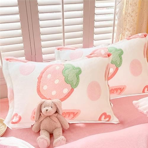 MorroMorn Decorative Pillows Covers Pink Kawaii, 2 Packs Plush Pillow Cases Standard Size, Soft Throw Pillowcase Cushion Shams with Zipper Closure Girls Room Decor (Pink Strawberry, Standard) - Image 1