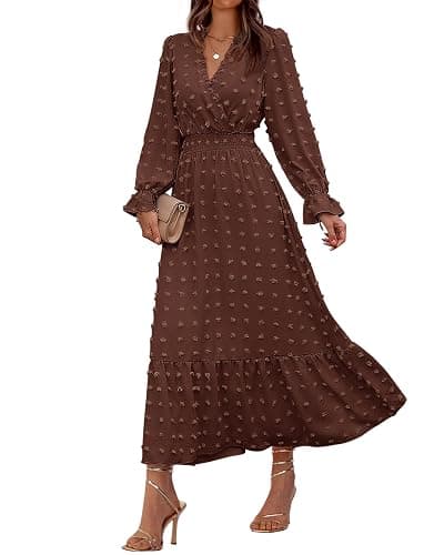 BTFBM Women Fall Maxi Dresses 2025 Long Sleeve V Neck Swiss Dots High Waisted A-Line Ruffle Boho Long Dress Vacation - Image 1