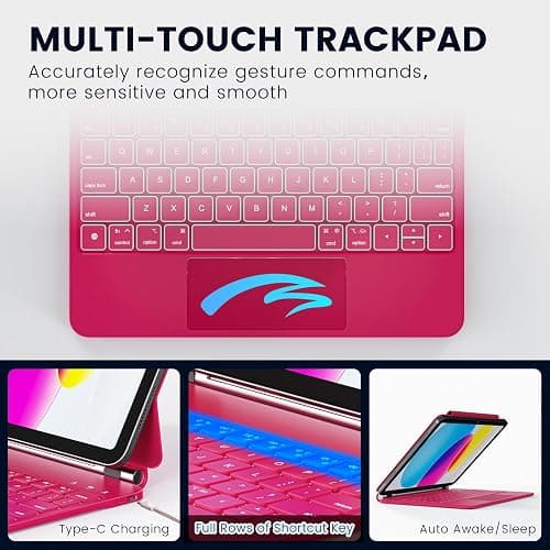 RAYMCRAFT for iPad 11th(A16, 2025)/10th Generation Case with Keyboard, Magic Keyboard 2022, Springy Backlit Keys, Stain-Resistant Surface, Multi-Touch Trackpad, Azalea Red thumbnail 6