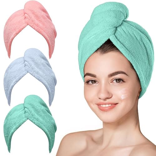 Hicober Microfiber Hair Towel Wrap for Women, Pink Blue Green, 3-Pack | Soft, highly absorbent wrap helps hair dry faster and stays securely in place on curly, thick or long hair - Image 1