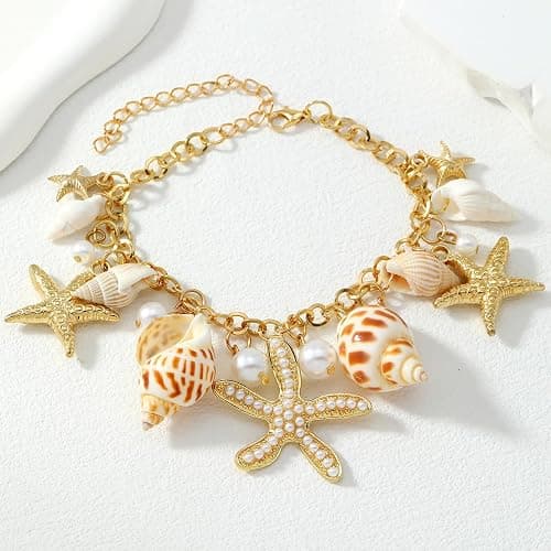 Qceasiy Ankle Bracelet Set for Women, Gold Boho Bead Adjustable Anklet, Hawaiian Beach Pearl Heart Starfish Foot Jewelry Gifts thumbnail 5