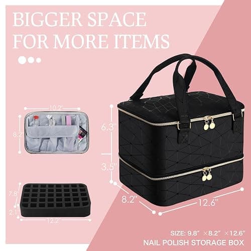 FCQQYWZ Nail Polish Organizer Case Hold 40+ Bottles (15ml/0.5 fl.oz) and Led Nail Lamp, Nail Supply Organizers and Storage for Nail Tech, Nail Dryer Case Nail Polish Bag Nail Kit Organizer (BLACK) - 40-Black thumbnail 5