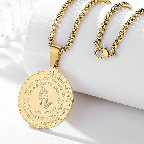 Yaumatea Serenity Prayer Necklace with Praying Hands Coin Pendant for Men Women Lords Prayer Bible Verse Courage Wisdom Stainless Steel 24 inches thumbnail 7