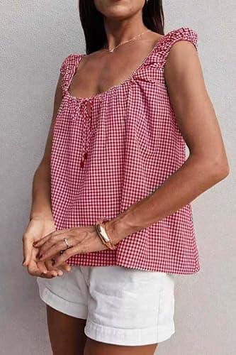 Dapoola Women Summer Tie Front Babydoll Square Neck Shirt Pleated Tank Top | Sleeveless Gingham Plaid Tank, Checkered Flowy Lightweight Blouse, A-line Loose Fit Daily Cami, Y2K Peplum Ruffled Top Tee thumbnail 4