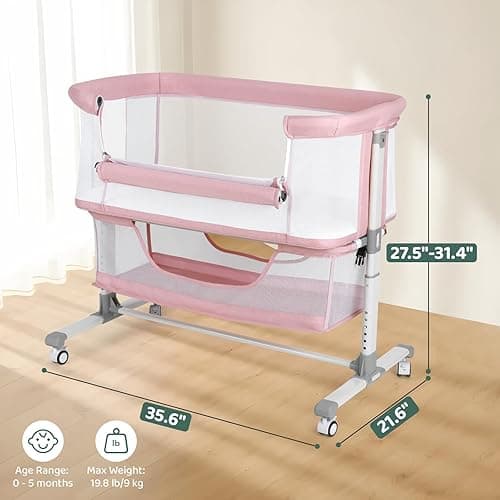 Cowiewie Bassinet Bedside Sleeper, Portable, Breathable, Adjustable Baby Bedside Bassinet for Peaceful Nights, Pink thumbnail 3