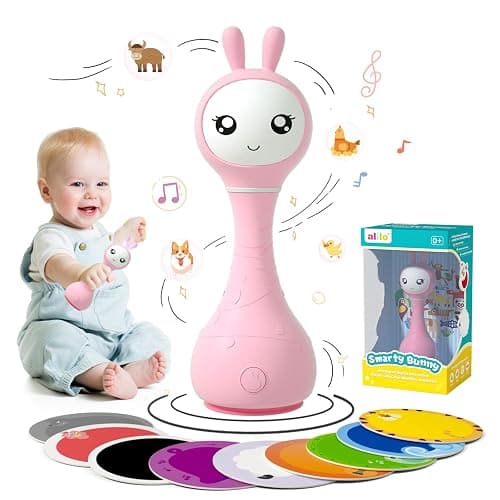 alilo Smarty Bunny Baby Rattle Musical Light Up Sensory Toys, Infants Newborns Baby Teething Toys 0-3-6-7-12 Months,1 Year Old boy/Girl Gifts 4 Music Modes and Color Recognition Function (Pink) - Image 1