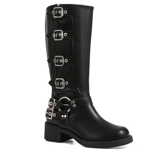 AMINUGAL Knee High Boots Women Square Toe Pull On Wide Calf Riding Fashion Buckles Chunky Metallic Casual Vintage Buckle Rivet - Image 1