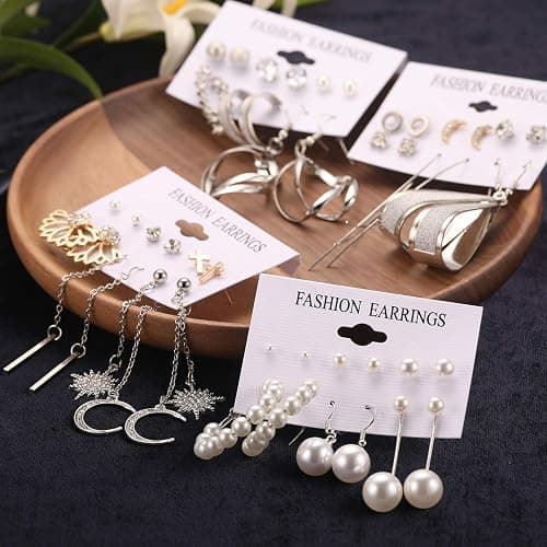 Earrings for Women, Funtopia 68 Pairs Drop Dangle Earrings, Fashion Statement Stud Earrings Pearl Earrings Set for Party Jewelry(Gold and Silver) thumbnail 7