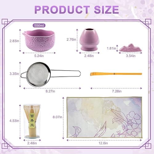 SEEYAURO Matcha Whisk Set––7pcs Japanese Matcha Set Kit with Matcha Bowl, Bamboo Whisk, Whisk Holder, Scoop, Towel&Sifter–Perfect for Matcha Lovers&Tea Ceremonies-Cherry Blossom Purple thumbnail 2