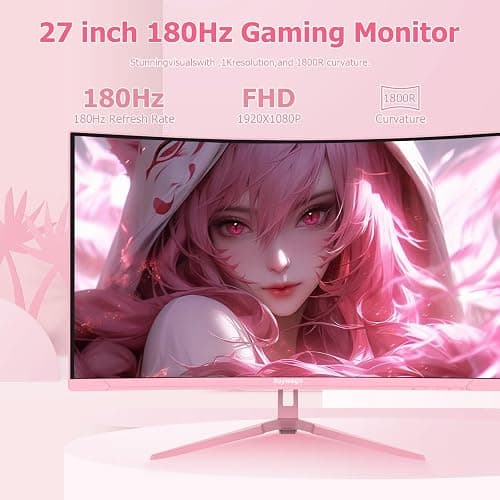 Raywego Pink 27 inch Curved Gaming Monitor 180Hz,FHD 1080P,1800R LED Display,Pink Computer Monitor,1ms (MPRT),FreeSync,Eye-Care Technology, DP, HDMI Port for Gaming Home Office,VESA(75mm*75mm) thumbnail 2