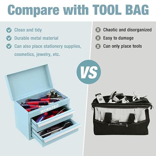 WORKPRO Mini Metal Tool Box with 2 Drawers and Top Storage, Small Tool Chest with PVC Liners and PP Feet Pads, Cold Rolled Steel Toolbox with Magnetic Tab thumbnail 5