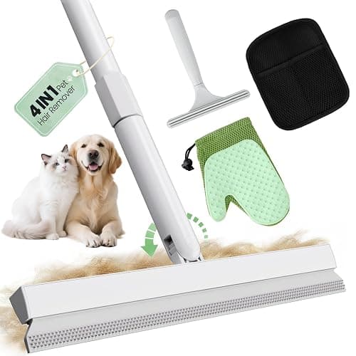 Carpet Rake for Pet Hair Removal Tool - 4 in 1 Pet Hair Remover Kit for Dog Cat Fur Remover, Contain 60" Adjustable Rubber Broom, Glove, Magic Brush and Scraper for Furniture,Short Pile Carpets, Mats - Image 1