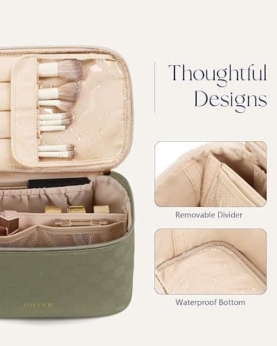 Prite Makeup Bag Portable Cosmetic Organizer with Brush Holder Waterproof Travel Toiletry Bag for Women with Handle and Divider (Checkered Green) thumbnail 4