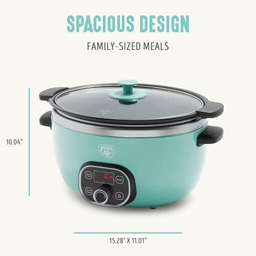 GreenLife 6QT Ceramic Slow Cooker, PFAS-Free, Programmable, Removable Healthy Nonstick Pot for Family Meals, Sear on Stovetop, Keep Warm, Digital Timer, Dishwasher Safe Crock, Turquoise thumbnail 2