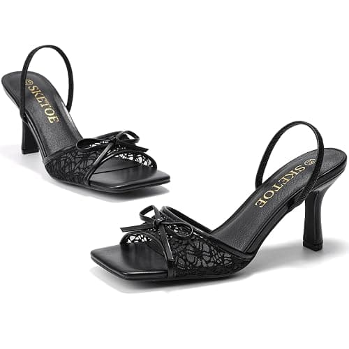 SKETOE Bow Kitten Heels for Women Square Toe Mesh Sandals Knots Heels for Wedding Party thumbnail 5