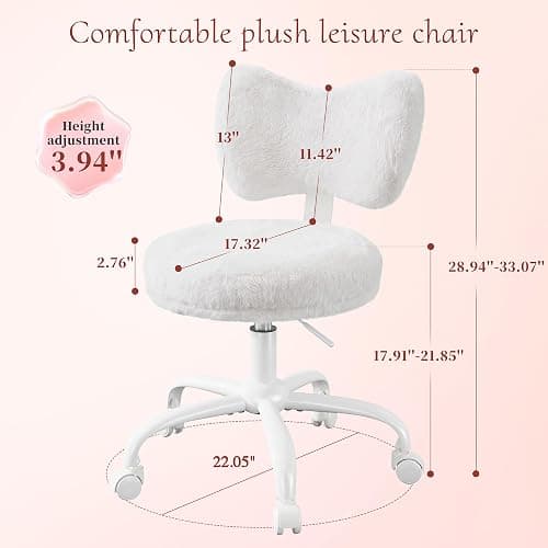Homkdom Vanity Chair with Back, Swivel Chair with Wheels & Adjustable Height, Fluffy Faux Rabbit Fur Comfy Desk Chair for Vanity, Make-up Room, Bedroom, Dorm, Cute Bow Backrest, White thumbnail 2