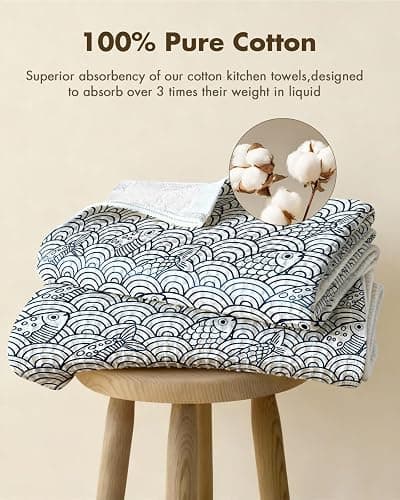 Miss Adola 370GSM Cotton Waffle Kitchen Towels, Fish | Pure Cotton, Sustainable, Waffle Weave, Terry Cloth, Highly Absorbent, Decorative, 16"x25", with Hanging Loop thumbnail 4