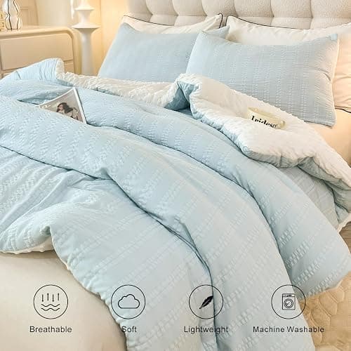tohrisa Boho Comforter Set Full Size Striped Pleats Bohemian Seersucker Bedding Set All Season Soft Cozy 3 Pieces Quilt with 2 Pillowcases(80"X90" Light Blue) thumbnail 4