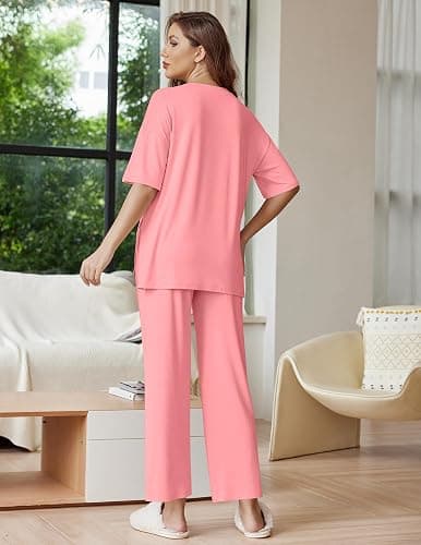 Ekouaer Lounge Sets for Women Short Sleeve Tops and Long Pants Soft Comfy Pajamas Set 2 Piece Outfits S-XXL thumbnail 2
