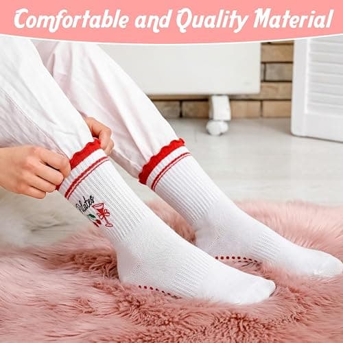 scenicamp 3/6 Pairs Cute Pilates Socks for Women, Ruffle Frilly Yoga Socks Non Slip Cotton Crew Ballet Socks with Embroidery thumbnail 4