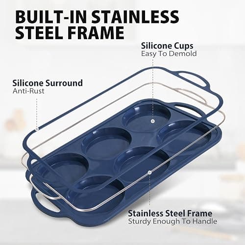 Highkit 10cm Giant Silicone Yorkshire Pudding Tray with Metal Handles,6 Cup Non Stick Jumbo Silicon Yorkshire Pudding Tin,Large Muffin Top Moulds for Baking Pan,Oven,Egg Bites,Whoopie Pie,Tart, Grey thumbnail 3